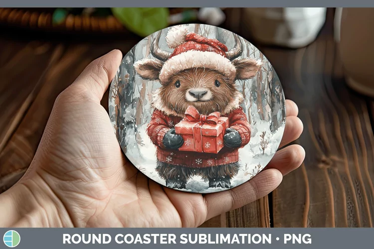Christmas Woodland Musk Ox Round Coaster Sublimation Coaster
