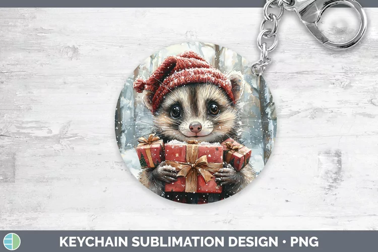 Christmas Woodland Opossum Keychain Sublimation Keyring Desi