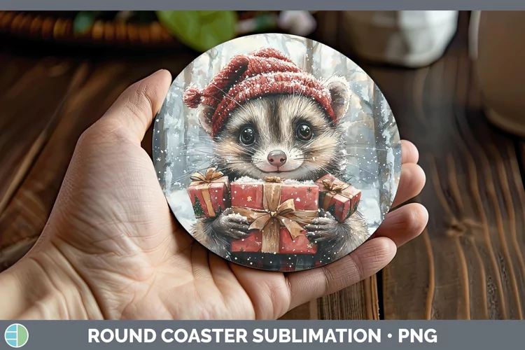 Christmas Woodland Opossum Round Coaster Sublimation Coaster