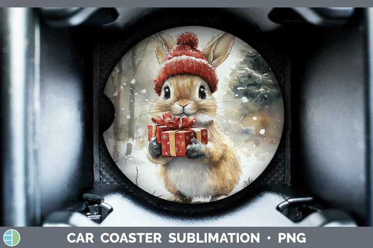 Christmas Woodland Snowshoe Hare Car Coaster Sublimation De