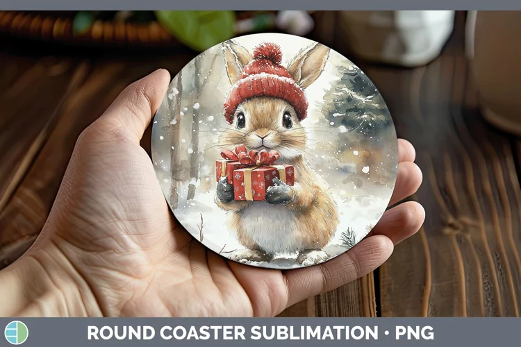 Christmas Woodland Snowshoe Hare Round Coaster Sublimation C