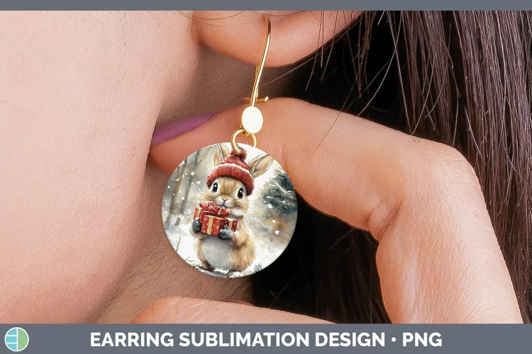 Christmas Woodland Snowshoe Hare Round Earrings Sublimation
