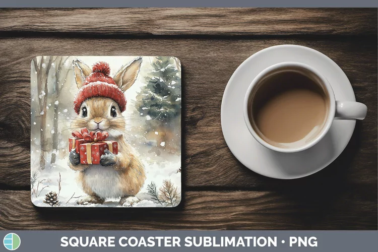 Christmas Woodland Snowshoe Hare Square Coaster Sublimation