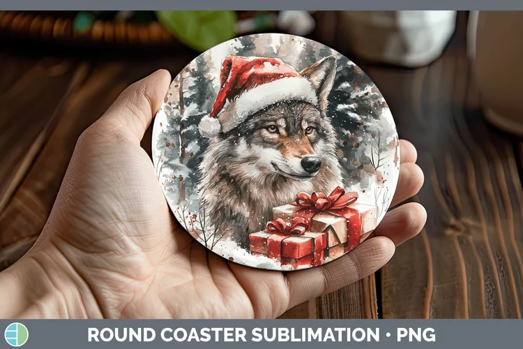 Christmas Woodland Wolf Round Coaster Sublimation Coaster De