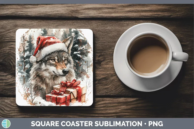 Christmas Woodland Wolf Square Coaster Sublimation Coaster D