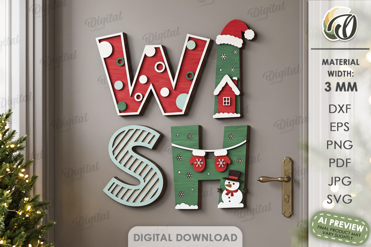 Christmas Word Decor Laser Cut. Christmas Sign. Wish SVG