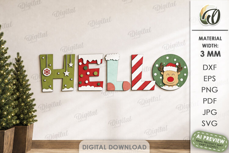 Christmas Word Decor Laser Cut. Christmas Sign. Hello SVG example image 1