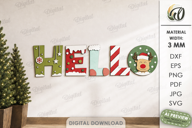 Christmas Word Decor Laser Cut. Christmas Sign. Hello SVG