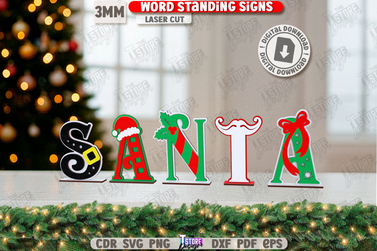 Christmas Word Standing Sign Laser Cut|Xmas Decorations SVG