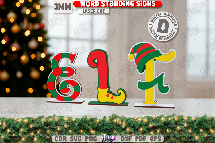 Christmas Word Standing Sign Laser Cut|Xmas Decorations SVG