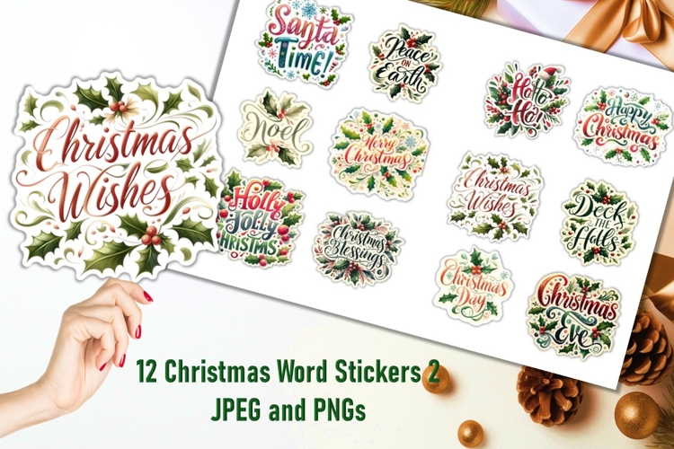 12 Christmas Words Stickers JPEG and PNGs