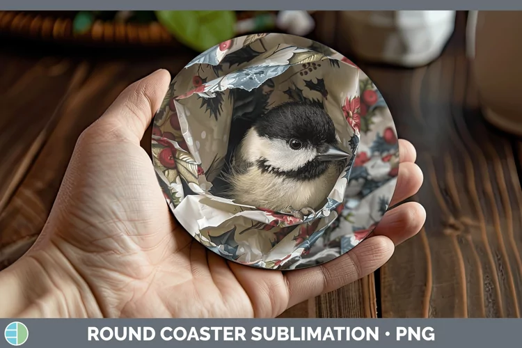Christmas Wrapping Chickadee Round Coaster Sublimation Coast