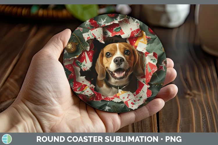 Christmas Wrapping Dogs Beagle Round Coaster Sublimation Coa