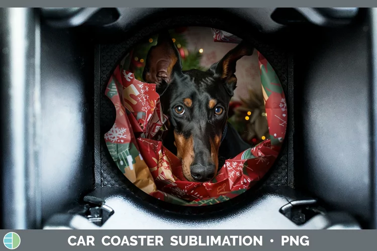 Christmas Wrapping Dogs Doberman Pinscher Car Coaster Sublim
