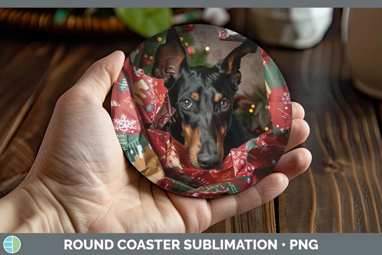 Christmas Wrapping Dogs Doberman Pinscher Round Coaster Subl