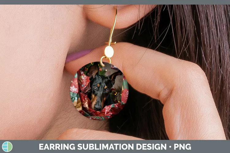 Christmas Wrapping Dogs Doberman Pinscher Round Earrings Sub
