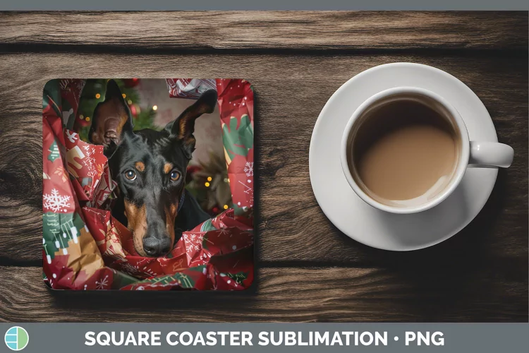 Christmas Wrapping Dogs Doberman Pinscher Square Coaster Sub