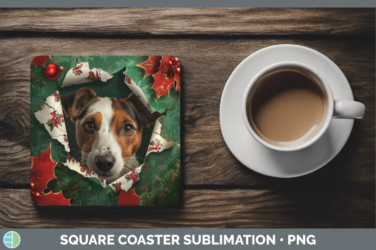 Christmas Wrapping Dogs Fox Terrier Dog Square Coaster Subli