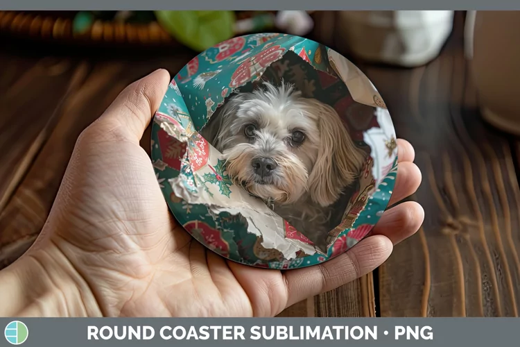 Christmas Wrapping Dogs Lhasa Apso Round Coaster Sublimation
