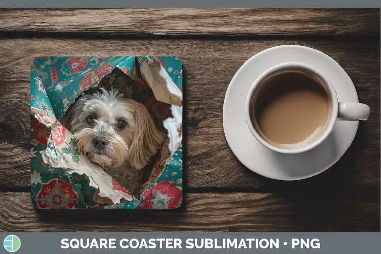 Christmas Wrapping Dogs Lhasa Apso Square Coaster Sublimatio