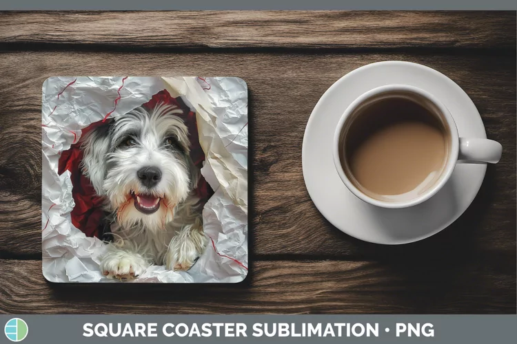 Christmas Wrapping Dogs Old English Sheepdog Square Coaster