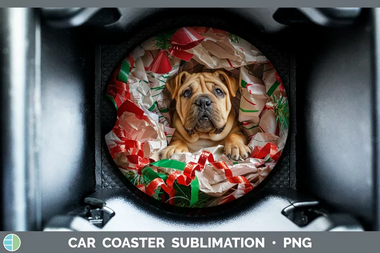 Christmas Wrapping Dogs Shar Pei Car Coaster Sublimation Coa