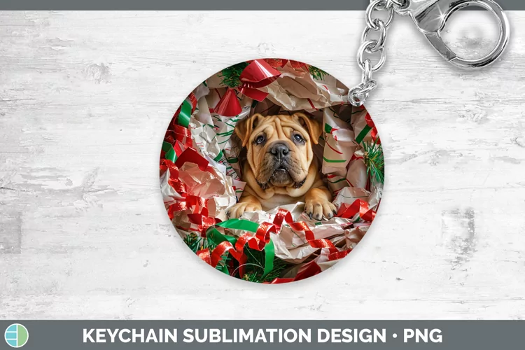 Christmas Wrapping Dogs Shar Pei Keychain Sublimation Keyrin