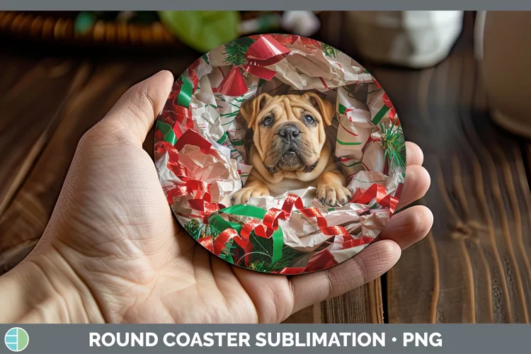 Christmas Wrapping Dogs Shar Pei Round Coaster Sublimation C