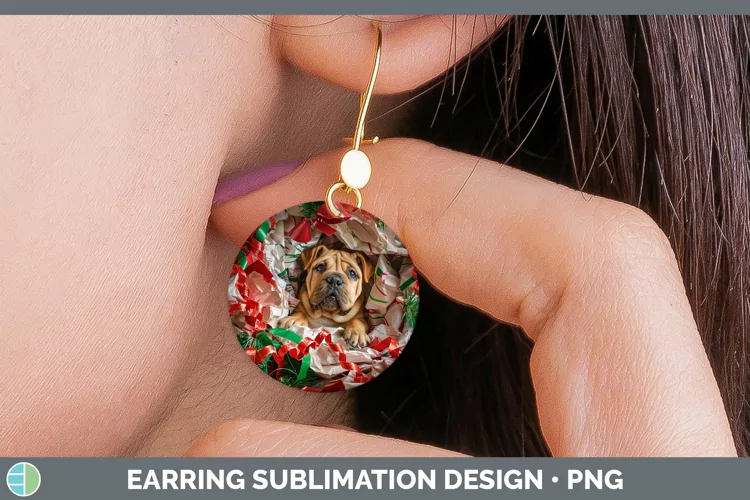 Christmas Wrapping Dogs Shar Pei Round Earrings Sublimation