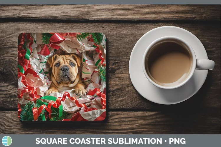 Christmas Wrapping Dogs Shar Pei Square Coaster Sublimation