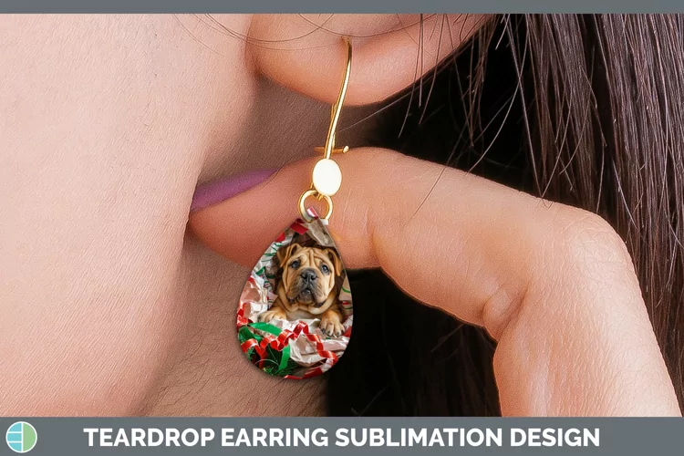 Christmas Wrapping Dogs Shar Pei Teardrop Earrings Sublimati