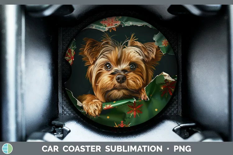 Christmas Wrapping Dogs Yorkshire Terrier Car Coaster Sublim