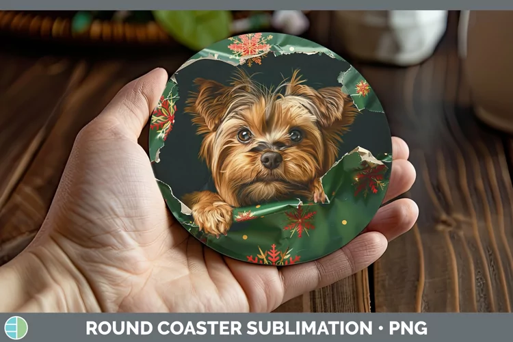 Christmas Wrapping Dogs Yorkshire Terrier Round Coaster Subl
