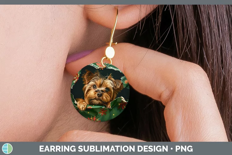 Christmas Wrapping Dogs Yorkshire Terrier Round Earrings Sub