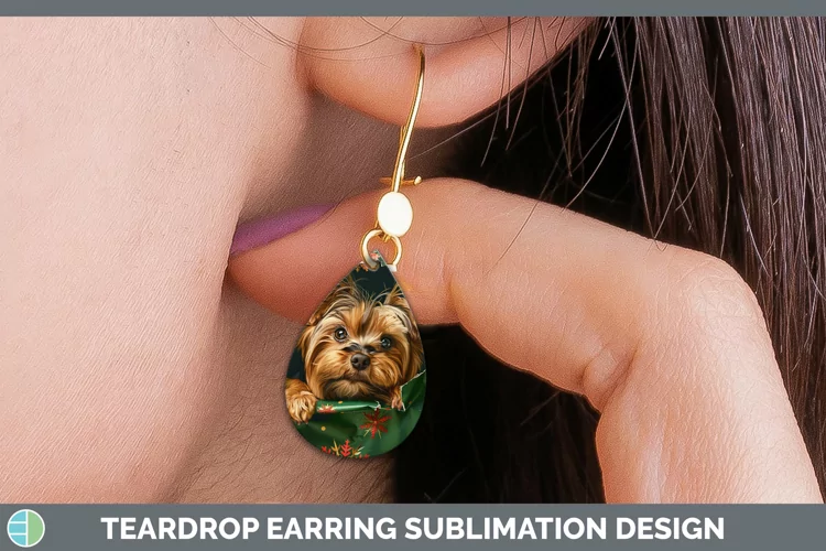Christmas Wrapping Dogs Yorkshire Terrier Teardrop Earrings