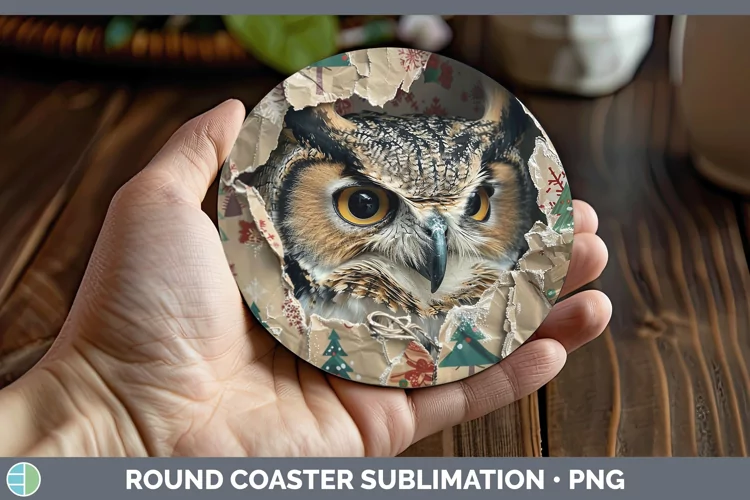 Christmas Wrapping Owl Round Coaster Sublimation Coaster Des