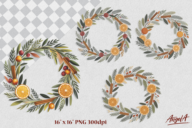 Round Christmas floral wreaths clipart