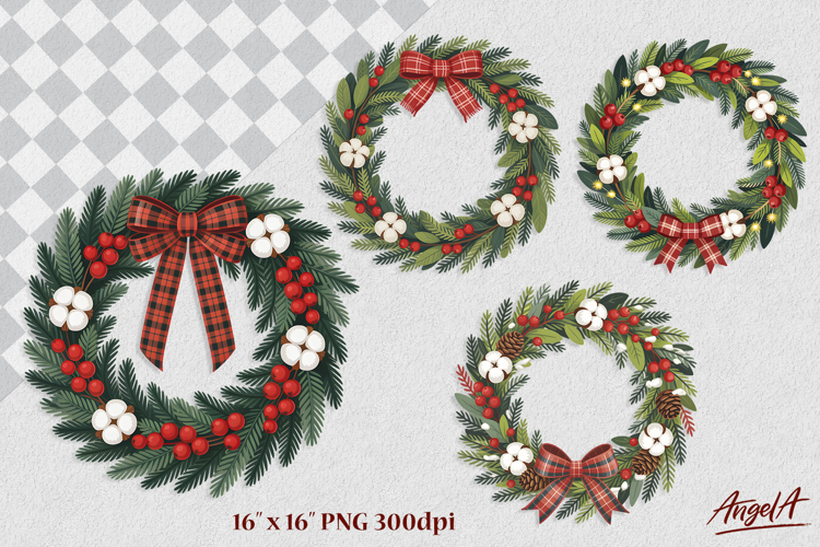 Round Christmas wreaths clipart Holly berry, plaid bow
