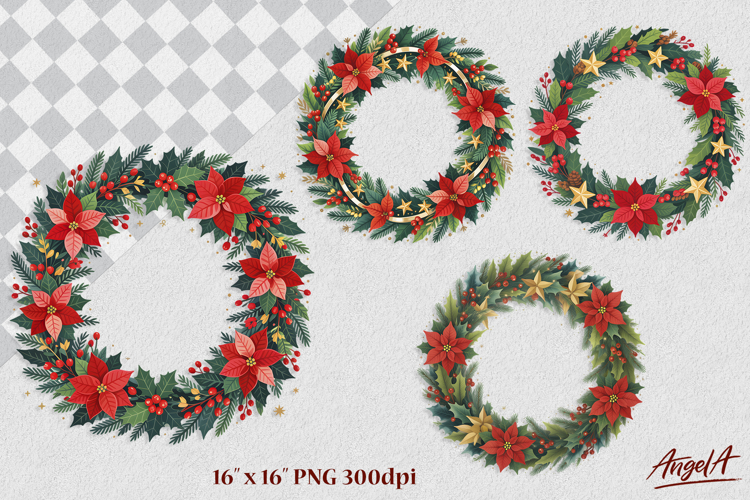 Round Christmas wreaths clipart Holly berry, poinsettia PNG