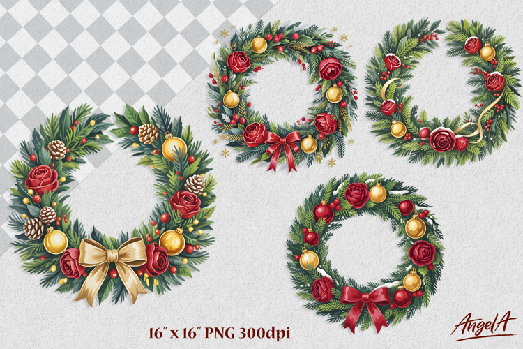Round Christmas floral wreaths clipart Red roses, ornaments