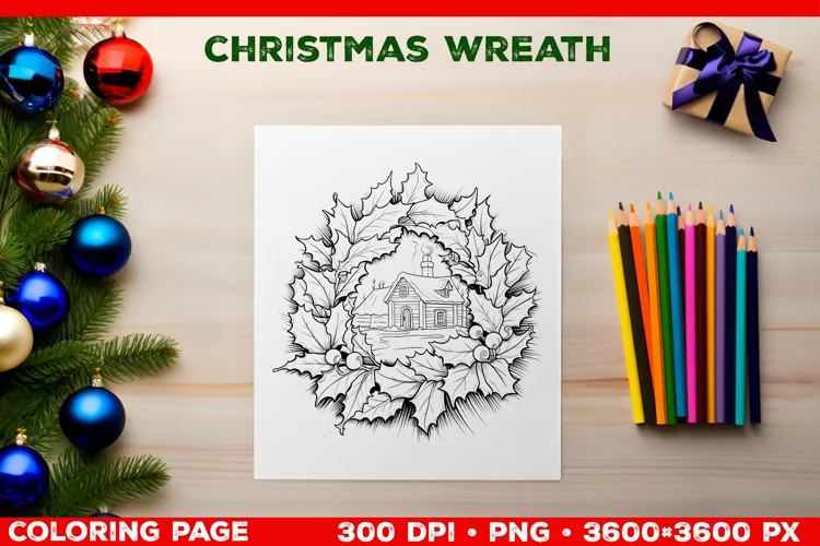 Festive Christmas Wreath Coloring Page. Christmas Wreath PNG