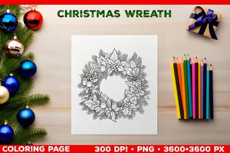 Festive Christmas Wreath Coloring Page. Christmas Wreath PNG