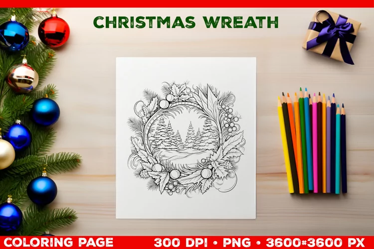 Festive Christmas Wreath Coloring Page. Christmas Wreath PNG