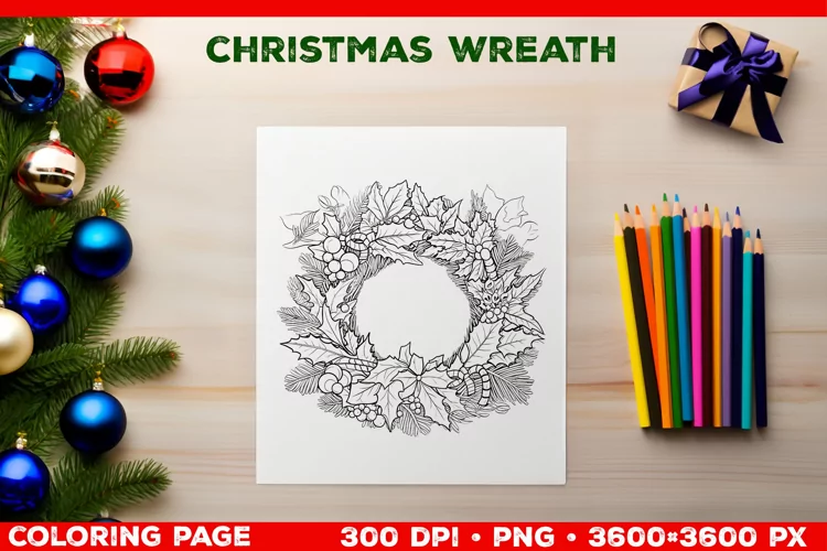 Festive Christmas Wreath Coloring Page. Christmas Wreath PNG