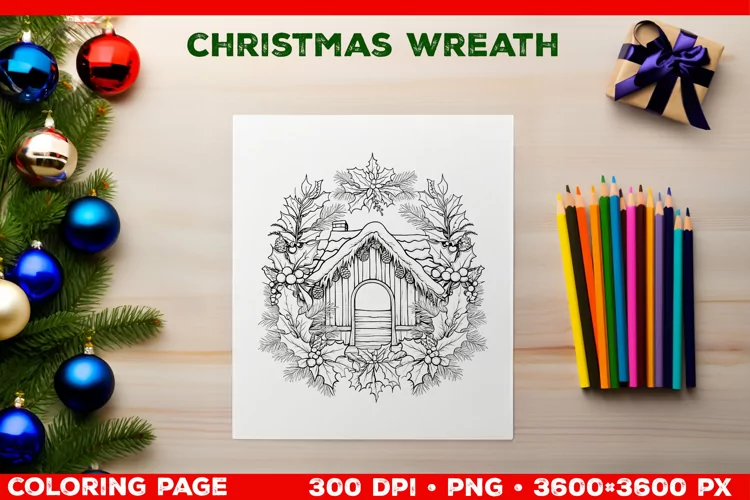 Festive Christmas Wreath Coloring Page. Christmas Wreath PNG