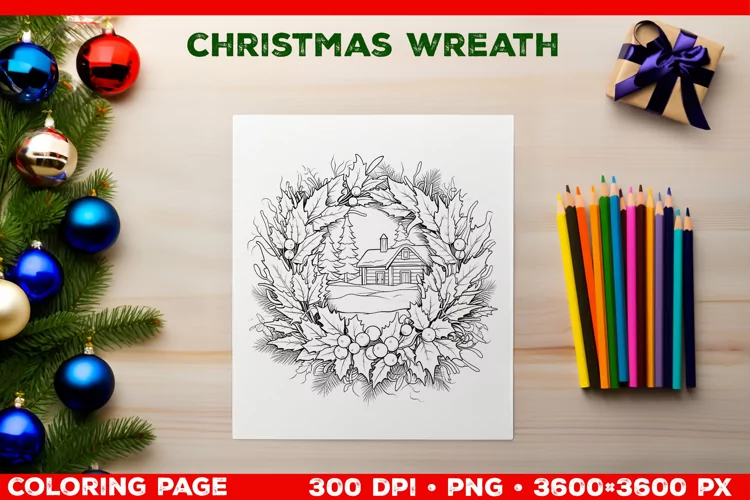 Festive Christmas Wreath Coloring Page. Christmas Wreath PNG