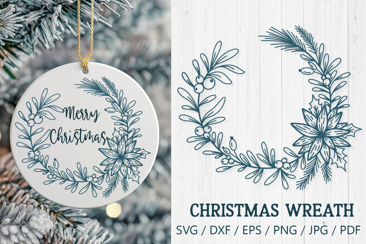 Christmas Wreath with Poinsettia and Berries SVG Cut File