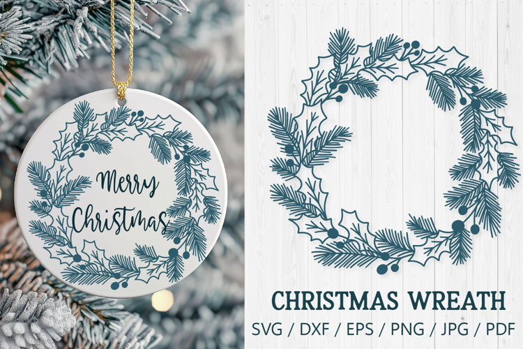 Christmas Wreath with Holly and Pine Branches SVG