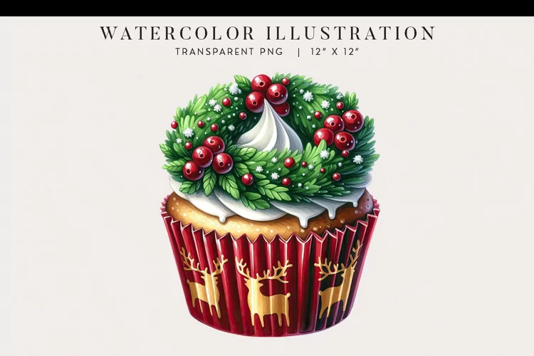 Christmas Wreath Watercolor Cupcake Clipart