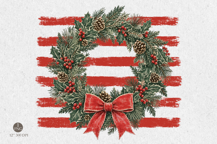 Christmas Wreath with Red Stripes PNG, Vintage Holiday Bow